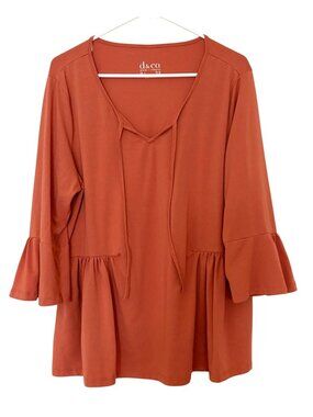 D&Co Womens Large Peachy Burnt Orange Tunic Top Ruffle Sleeves & Tie Neck